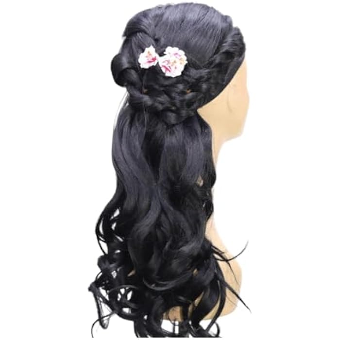 DILLARDS Elegant Black Synthetic Wig With Braided Crown, Long Wavy Style, Floral Hair Accessory, Cosplay Costume Party Wig - Image 2